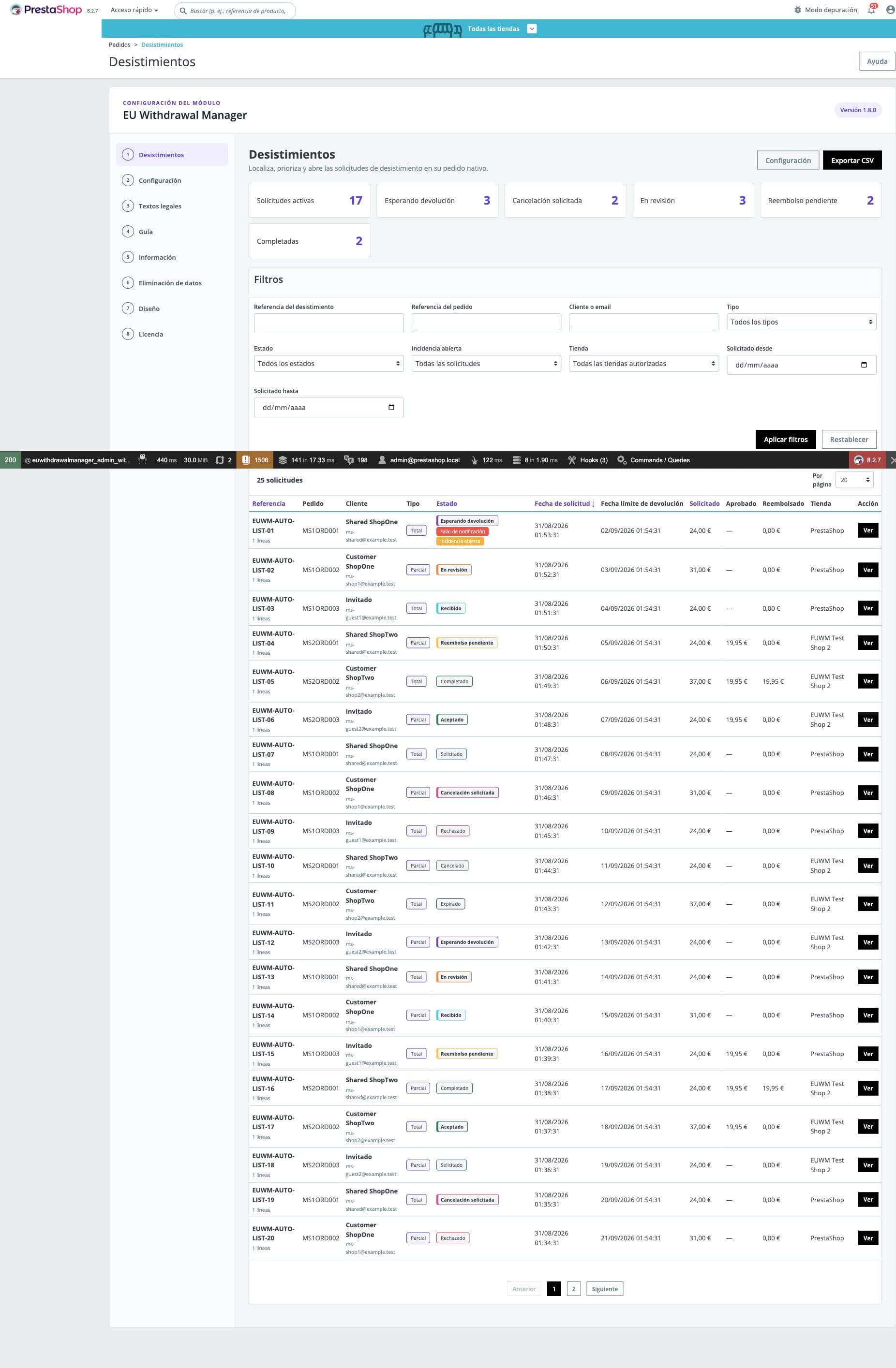 Lista de solicitudes de desistimiento en el back office con estado y contexto de tienda